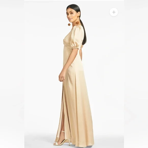 Sachin + & Babi Alli Puff Sleeve Champagne Gown Dress 4 V Neck Textured Satin - Picture 2 of 11